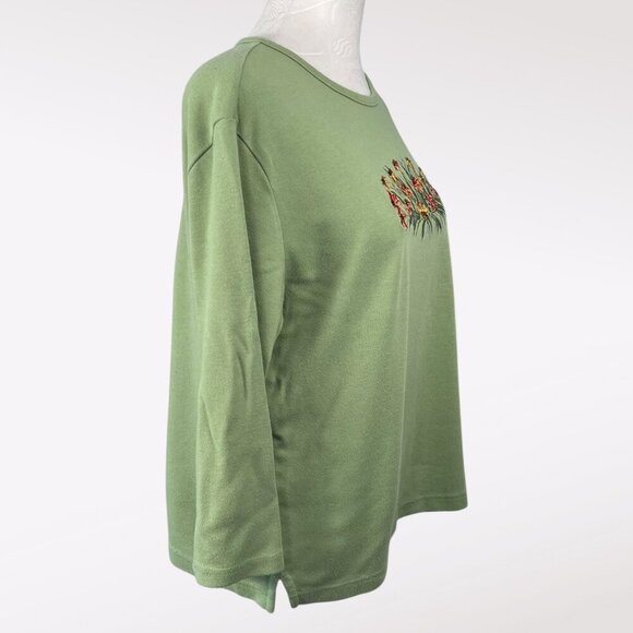 Classic Elements Green Embroidered Beaded Floral 3/4 Sleeve Top Size Large - Picture 6 of 10